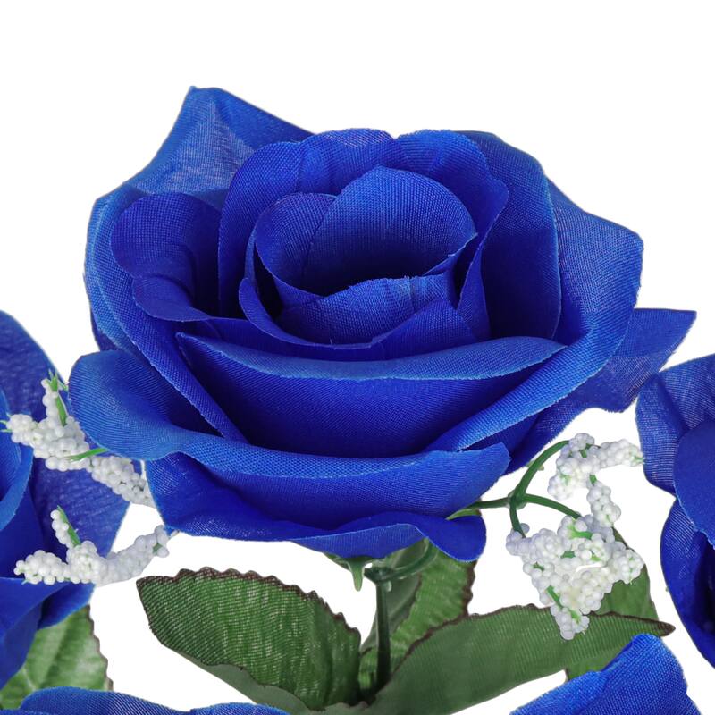 Set of 12 Royal Blue Artificial Open Rose Flower Stem Bush Bouquet 14in - 14" L x 7" W x 7" DP