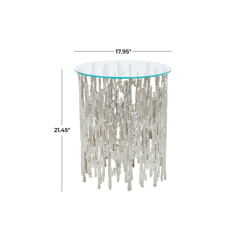 Silver Aluminum Metallic Cutout Abstract Accent Table with Glass Tabletop