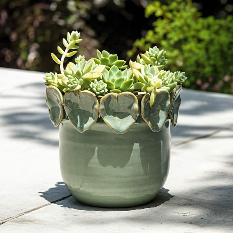 Stoneware Ceramic Planter Handcrafted Sculpted Leaf Embellishments