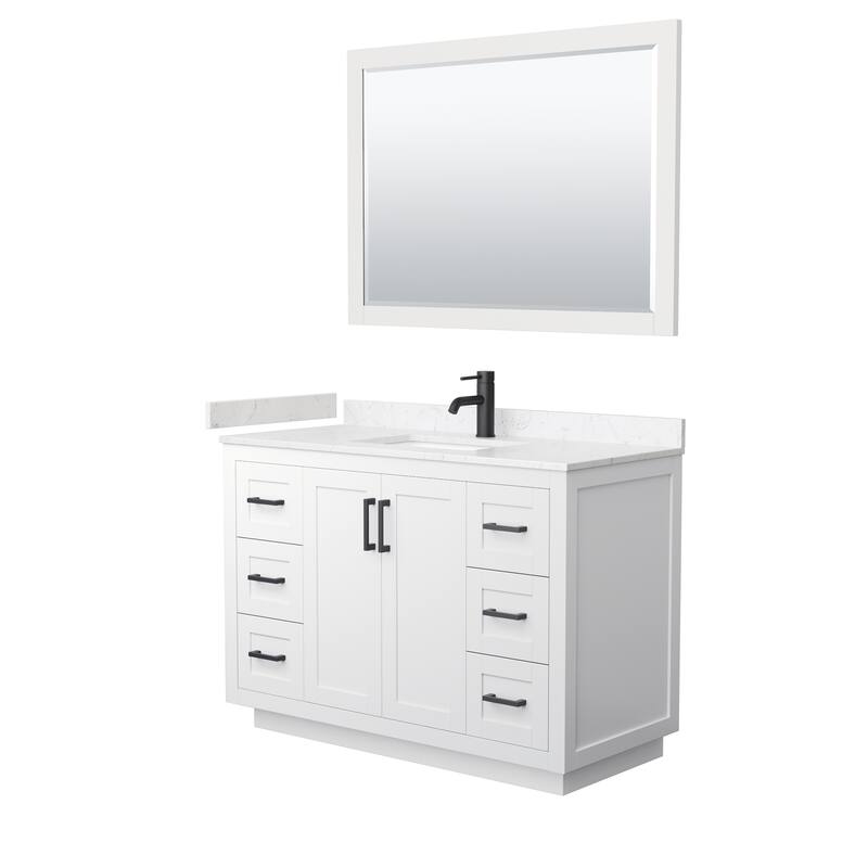 Miranda Single Vanity Set, Cultured Marble Top, 46-Inch Mirror - 48-Inch Single - White, Black Trim, Carrara Cultured Marble Top