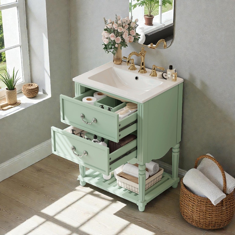 24'' Vintage Bathroom Vanity with Ceramic Sink, Freestanding Cabinet with 2 Drawers, Open Shelf