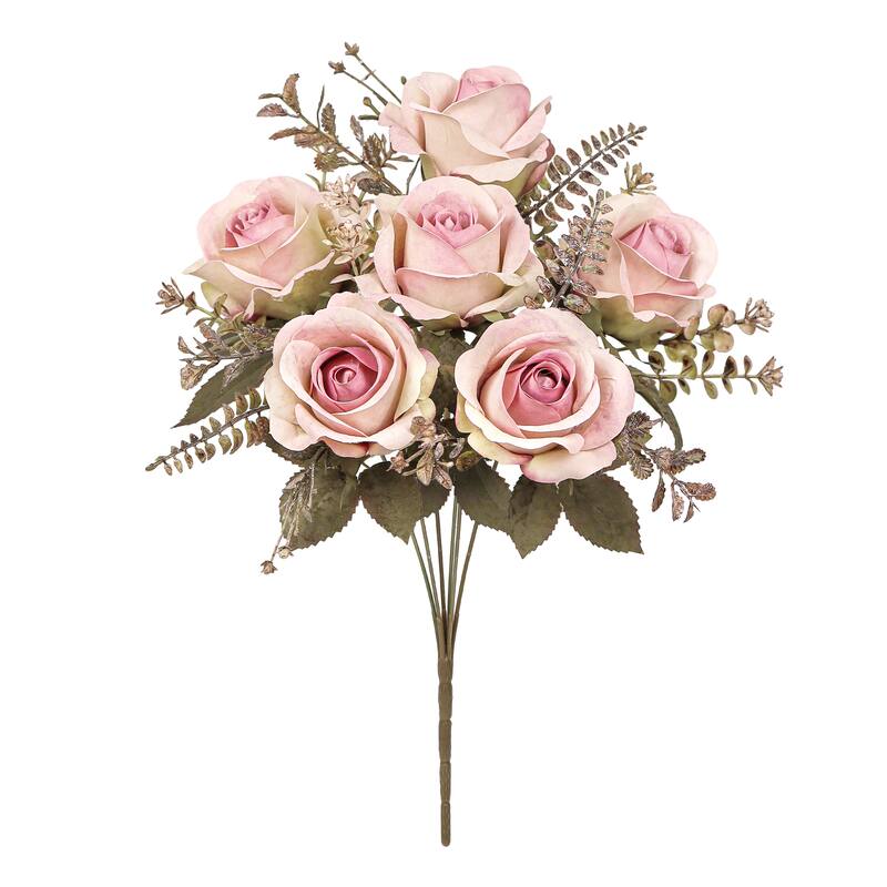Set of 2 Dusty Pink Artificial Rose Flower Stem Bush Bouquet 15in - 15" L x 8" W x 8" DP