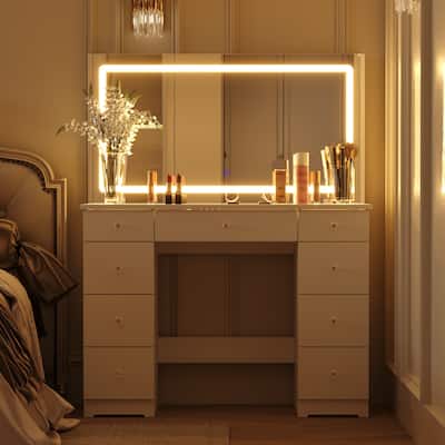LED Lighted Vanity Table with MirrorMakeup Dressing Desk with Glass Top Makeup Vanity Desk