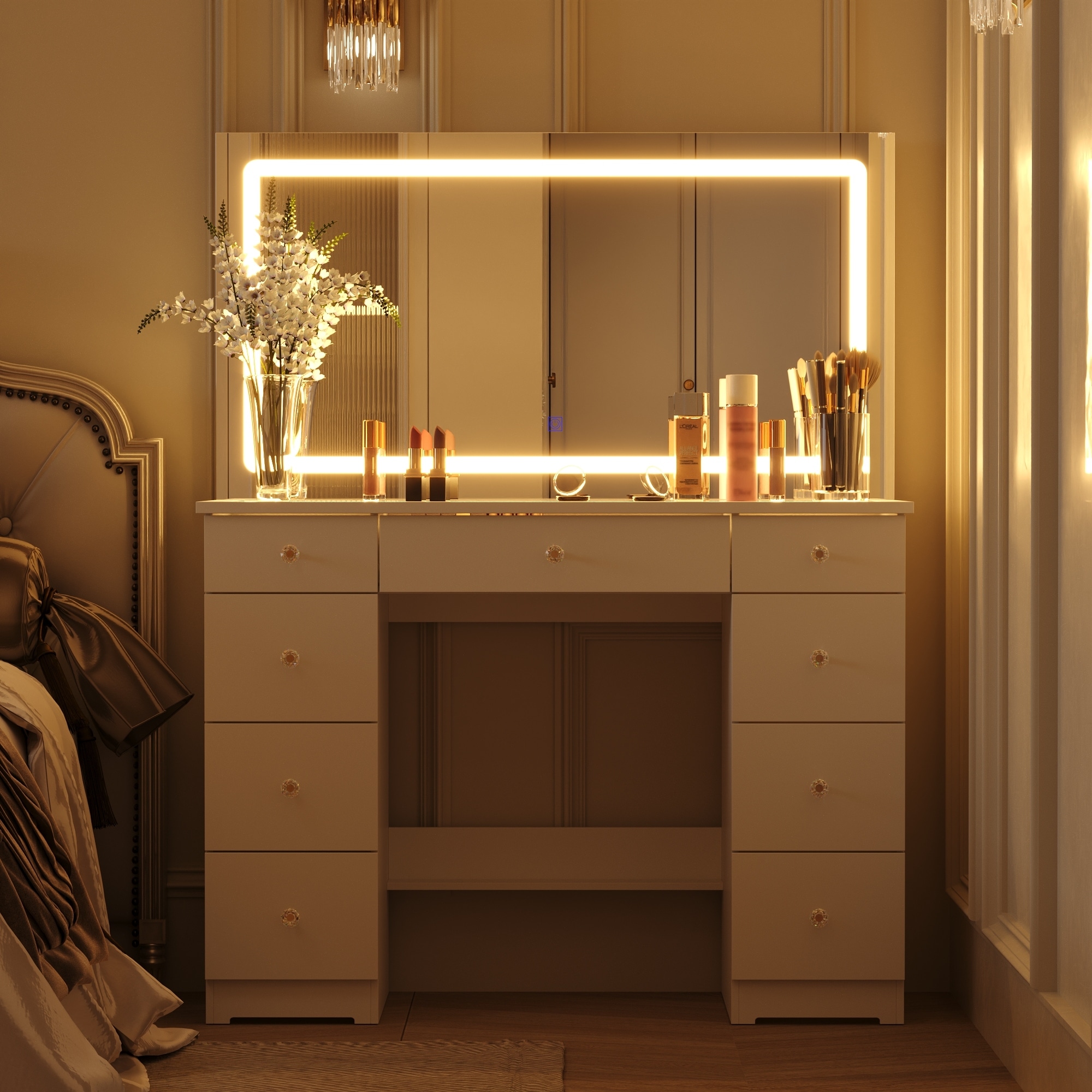 LED Lighted Vanity Table with MirrorMakeup Dressing Desk with Glass Top Makeup Vanity Desk