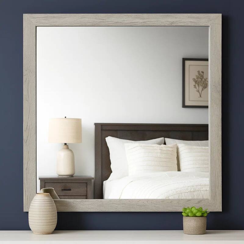 Transitional Style Square Mirror with Wooden Frame, Brown