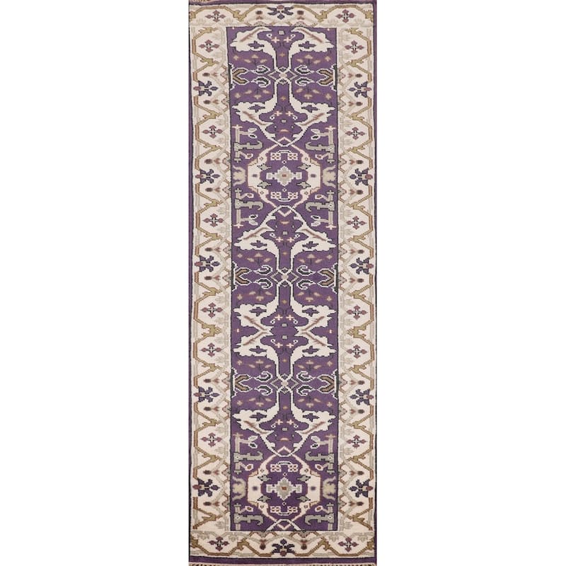Purple Oushak Oriental Runner Rug Hand-Knotted Floral Wool Carpet - 2'6"x 9'9"