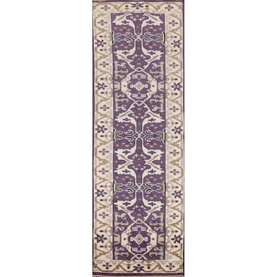 Purple Oushak Oriental Runner Rug Hand-Knotted Floral Wool Carpet - 2'6"x 9'9"