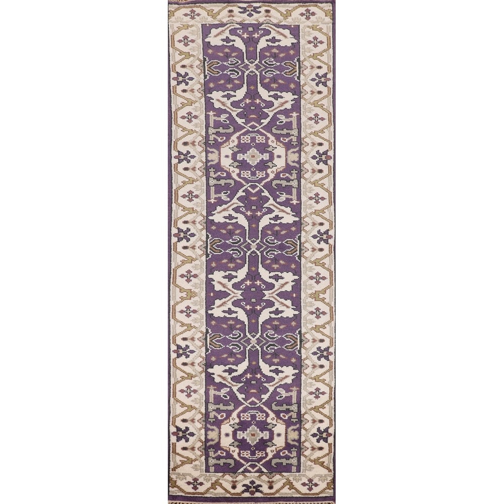 Purple Oushak Oriental Runner Rug Hand-Knotted Floral Wool Carpet - 2'6"x 9'9"
