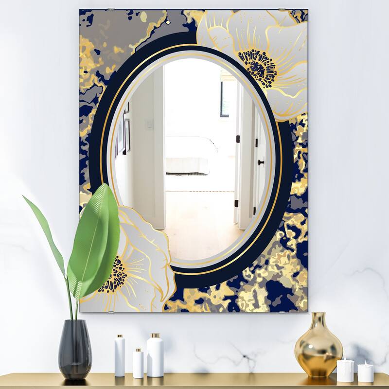 Designart 'Botanical Gold Floral Arrangement I' Glam Mirror - Frameless Vanity Printed Mirror - 23.7in.x31.5in.