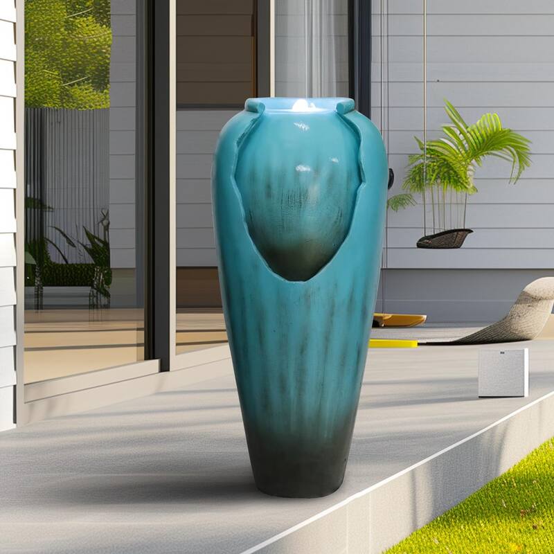 30.7" High Concrete Jar Water Fountain Outdoor, Garden Vase Water Feature - 30.7"H