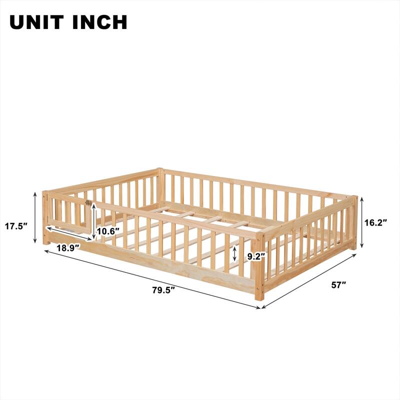 Floor Platform Bed with Fence Guardrails and Door