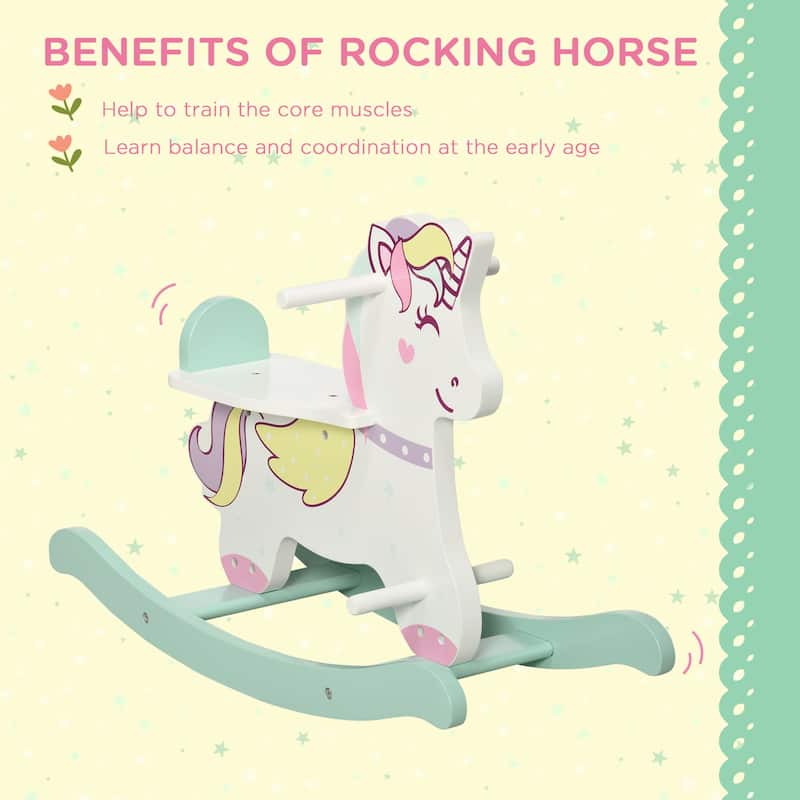 Qaba Wooden Rocking Horse Toddler Rocker Ride On Unicorn for 1-3 Years Old Baby Toy Girl and Boy Gift