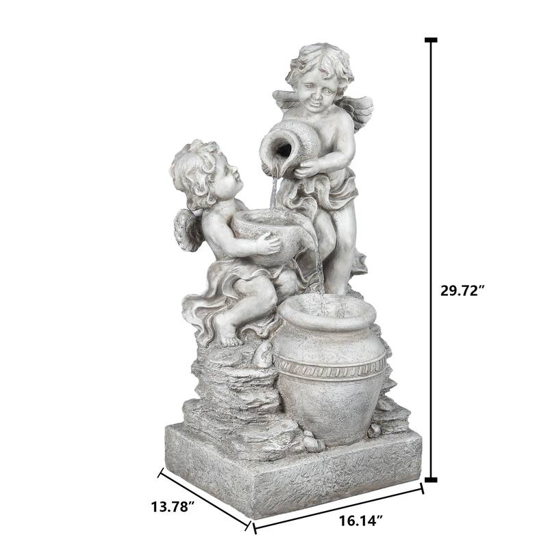 Grey Resin Cherub Angel Outdoor Fountain with LED Light