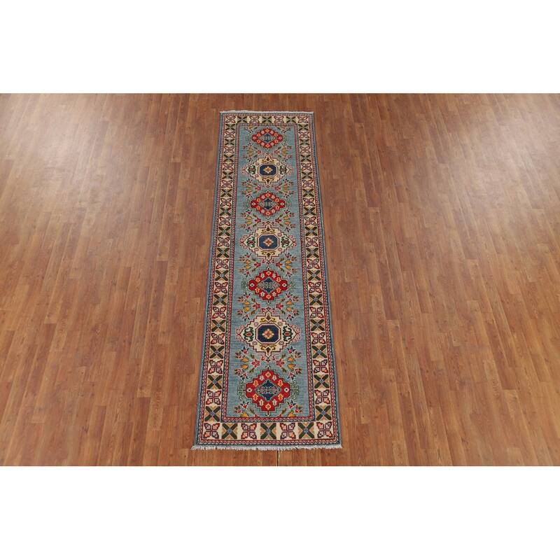 Light Blue Kazak Oriental Runner Rug Handmade Traditional Wool Carpet - 2'9" x 9'7"
