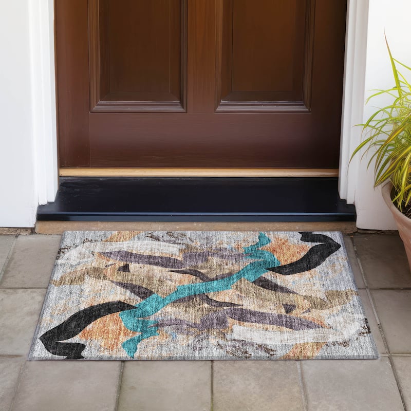 Machine Washable Indoor/Outdoor Contemporary Brushstrokes Chantille Rug - Gray - 1'8" x 2'6"