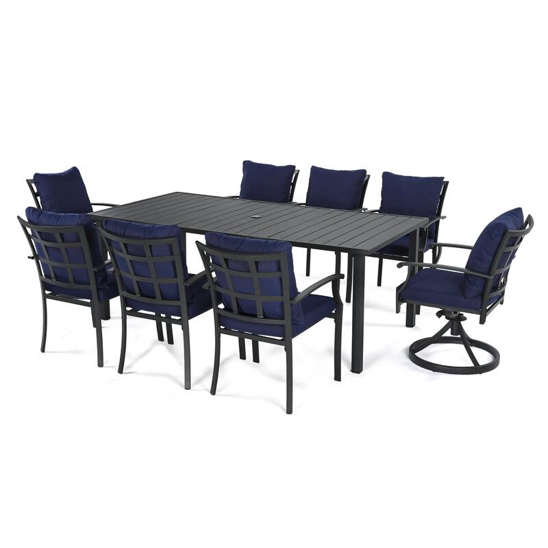 IvyGlow 9-Piece Black Metal Patio Dining Set with Rectangular Table, 2 Swivel Dining Chairs and Gray Cushions