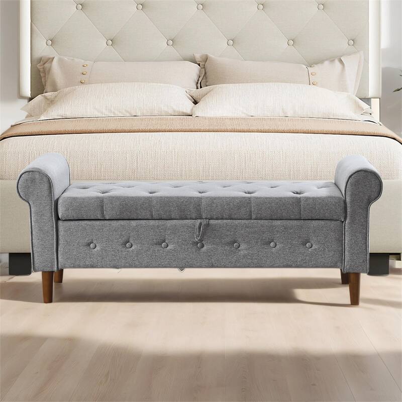 62" Bedroom Tufted Button Storage Bench, Fabric Upholstered Ottoman