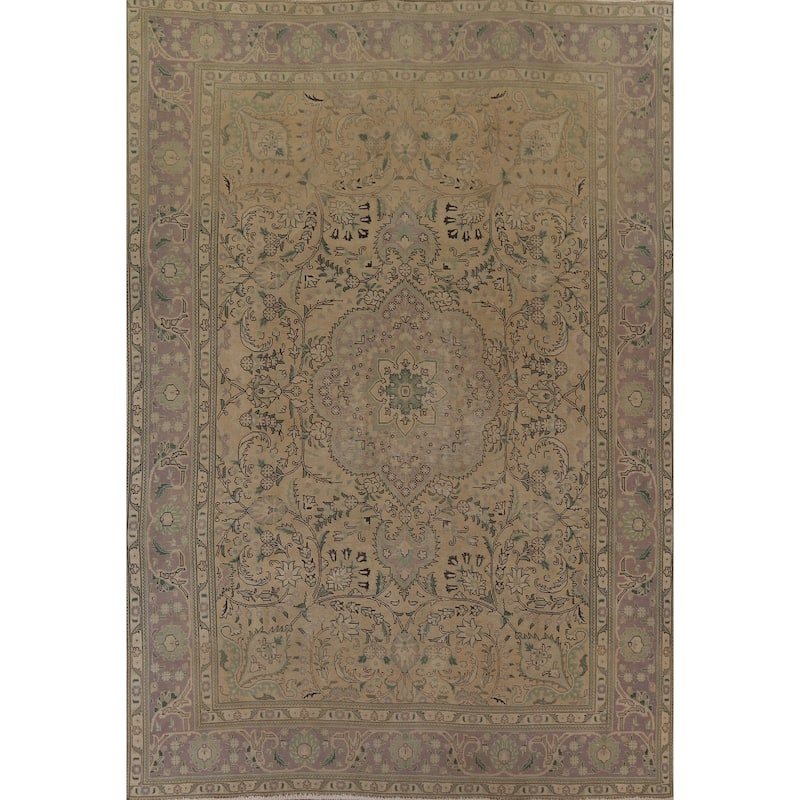 Vintage Distressed Tabriz Persian Area Rug Wool Hand-knotted Carpet - 8'7" x 11'0"
