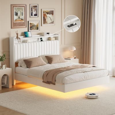 Full/Queen Size Floating Bed Frame with LED Lights, Charging Station, Leather Upholstered Headboard With Storage