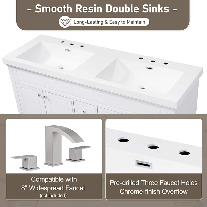 60" Bathroom Vanity-Classic-Wood Legs-Resin Double Sinks with Soft-Close Drawers & Doors.