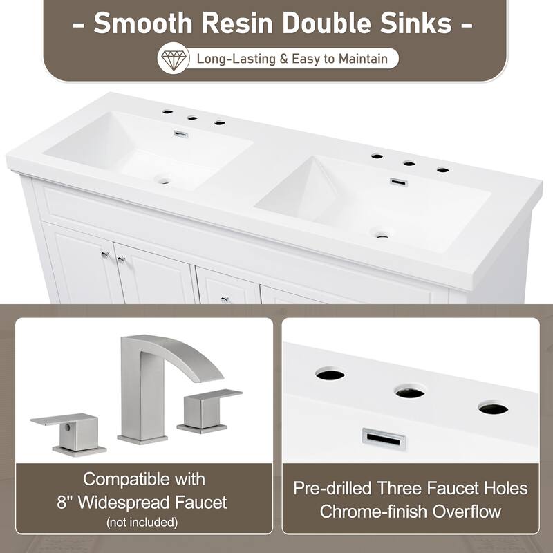Resin Double Sink Bathroom Vanity Top with Pre-Drilled Faucet Holes, Undermount Design, Bright White. - 60"
