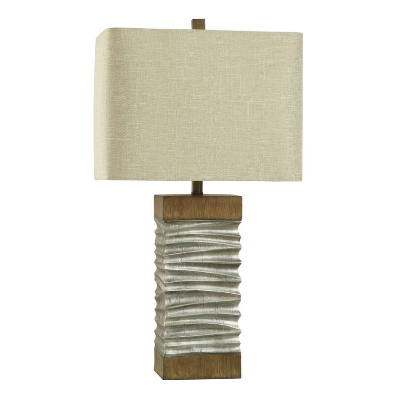 Darley Table Lamp - Silver and Brushed Brown Finish - Beige Shade - Silver and Natural Wood Painted Resin
