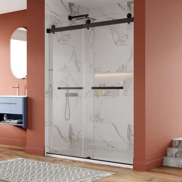 DeerValley 56" - 60" W x 76" H Double Sliding Frameless Shower Enclosure, Stainless Steel Accessories