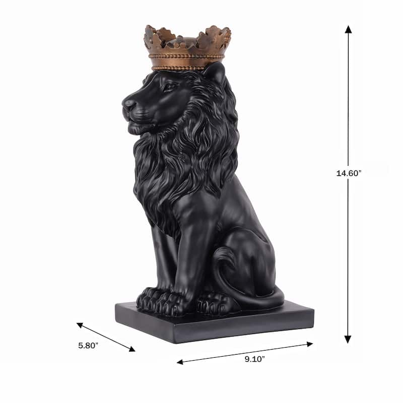 Sitting Lion with Crown Statue - 14.5" - Black and Gold