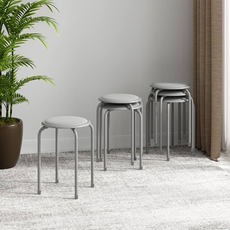 Javlergo Set of 6 Stackable Backless Stools PVC Padded Round Seats with Metal Frame Indoor Outdoor Use for Kitchen Livingroom - Grey