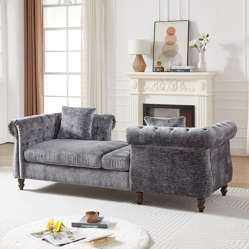 Roomfitters 81" Face-to-Face Chaise Lounge in Chenille, Button Tufted Rolled Arm Sofa with Nailhead Detailing