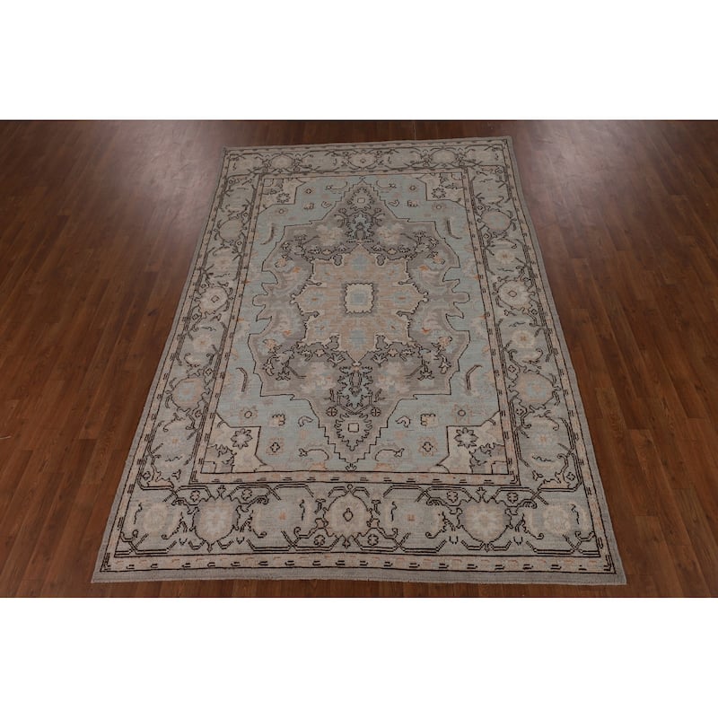 Vegetable Dye Oushak Turkish Rug Blue Hand-Knotted Wool Carpet - 6'1"x 9'0"