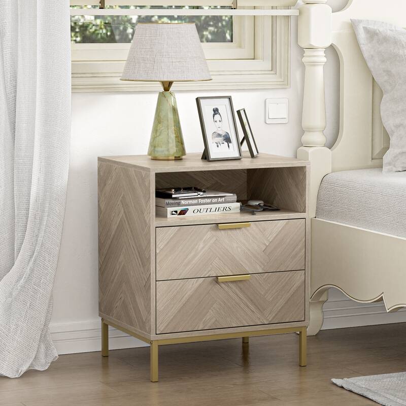 Anmytek Mid-Century 2 Drawer Nightstand Wood Grain Bedside Table Side Table with Open Shelf