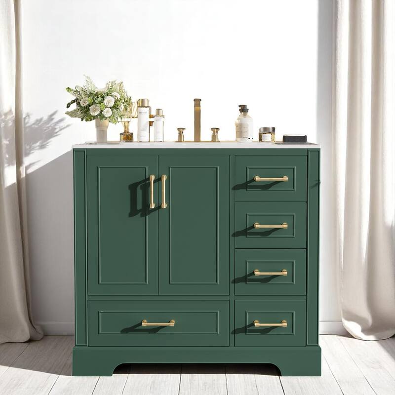 36 Inch Bathroom Vanity with Sink, Freestanding Cabinet with Gold Handles, Soft-Close Doors & Drawers - Green