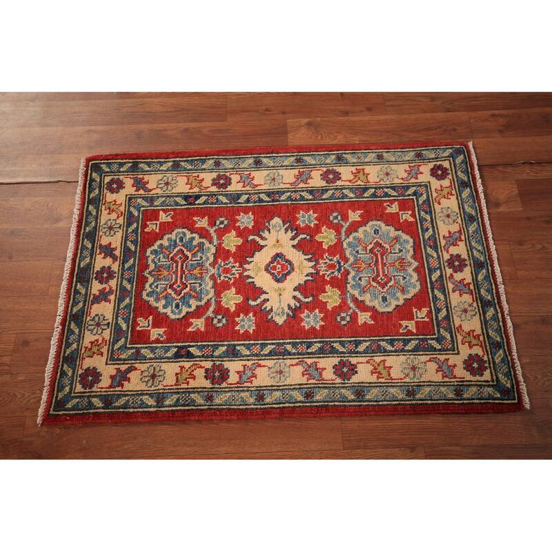 Geometric Kazak Accent Rug Traditional Handmade Red Wool Carpet - 2'0" x 3'0"