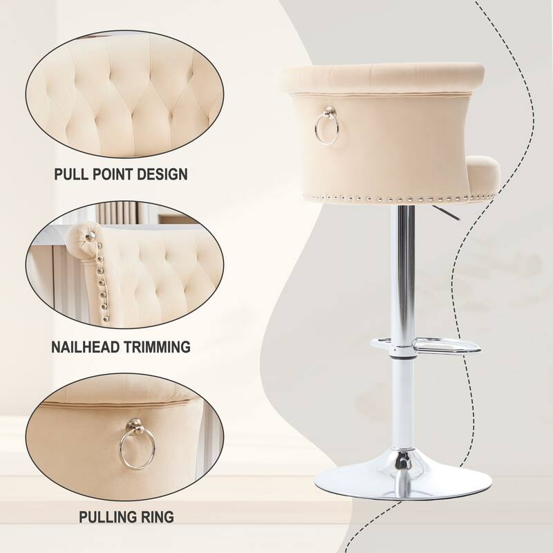 Velvet Bar Stool Set of 2, Adjustable Swivel Bar Stools with Silver Plated Metal Leg, Counter Height Chair