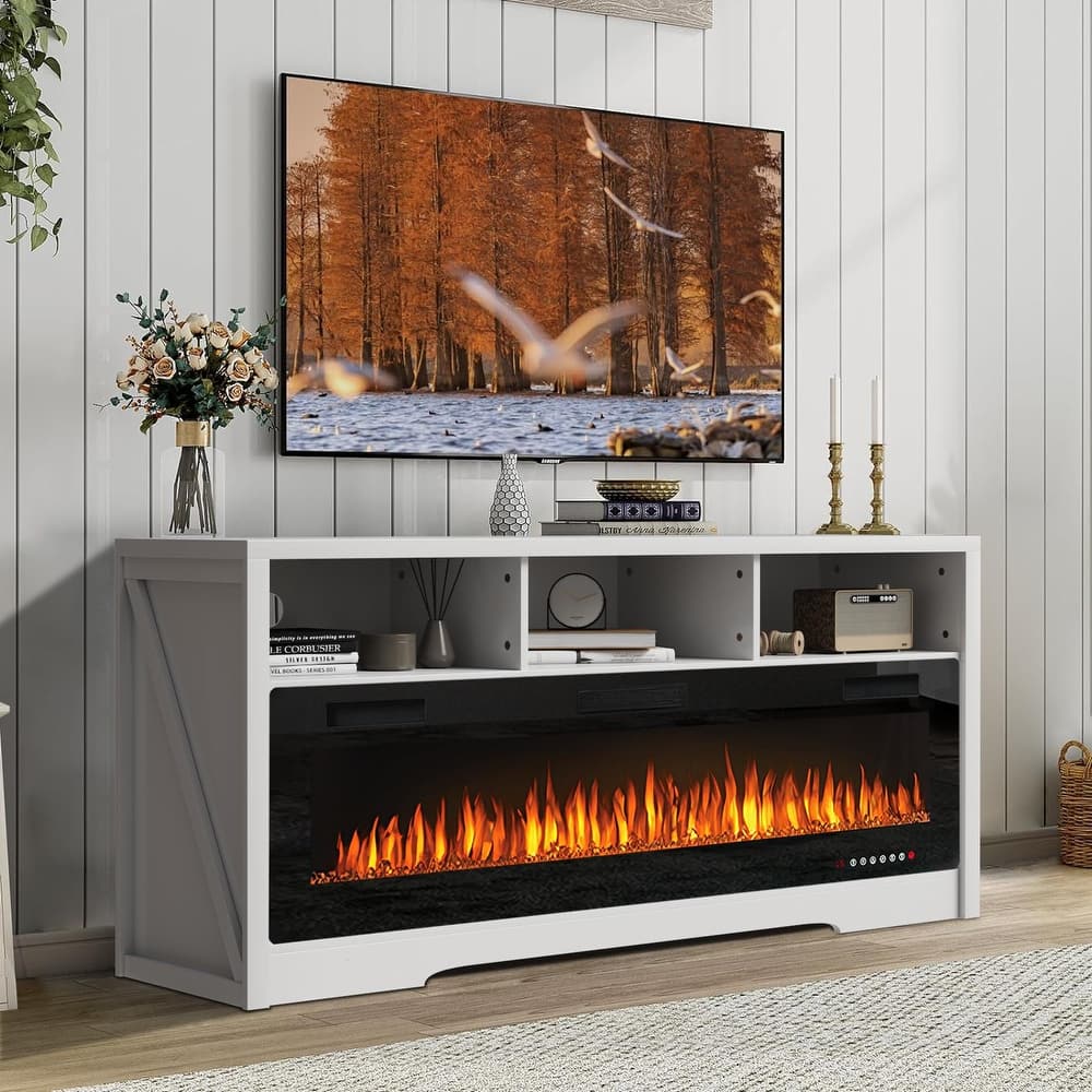 BOSSIN Fireplace 65" TV Stand for TVs Up to 75" TV with 60" Electric Fireplace,Entertainment Center with Open Shelve Storage