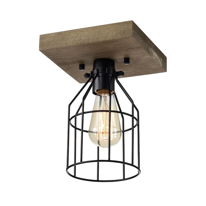 1-Light Wood and Metal Cage Flush Mount