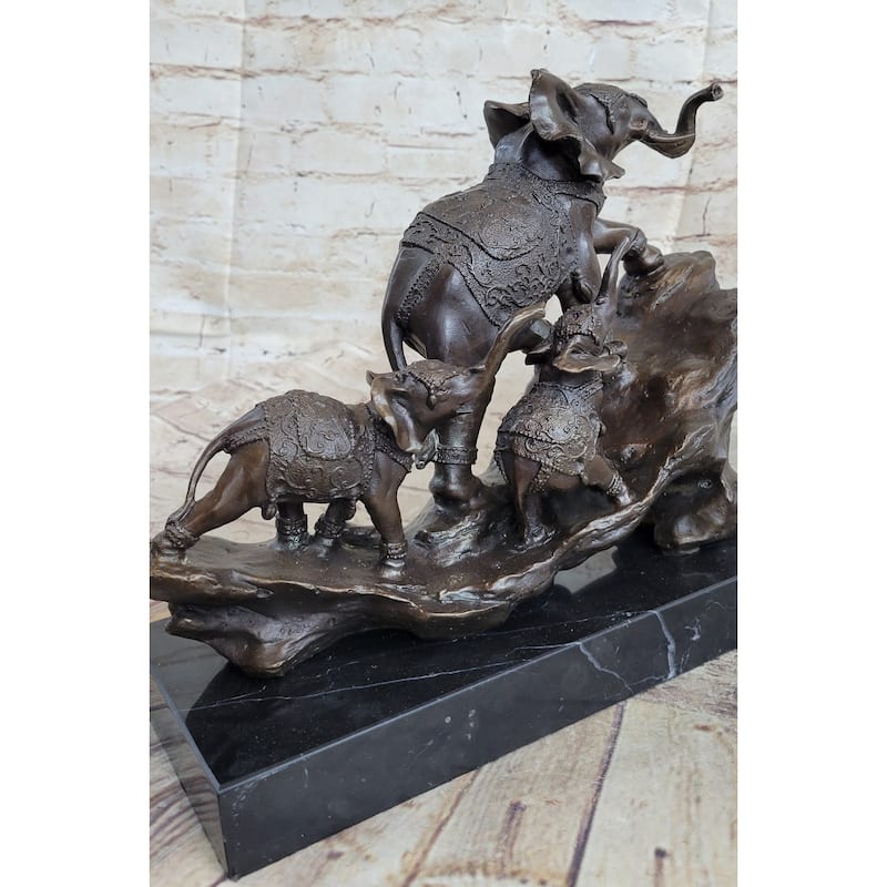 Signed Bologna Indian Mother Elephant And Calves Bronze Sculpture Home Decor Art