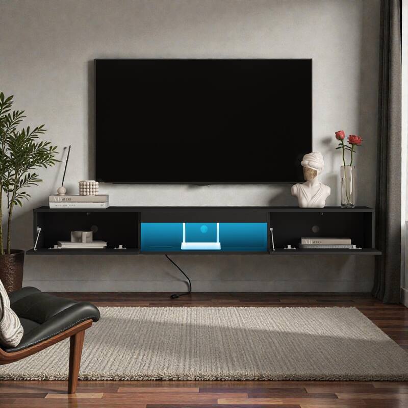 69 Inch Floating TV Stand Wall Mounted with 16 Color LED Lights, Modern TV Cabinet for 55 60 65 Inch TV