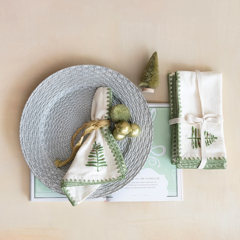 Cotton Napkins with Embroidered Tree and Edge, Set of 4 - Natural, Green