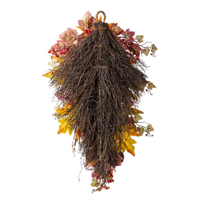 Glitzhome 27"H Fall Dahlia Pumpkin Leaf & Berry Swag Wreath with Hanger