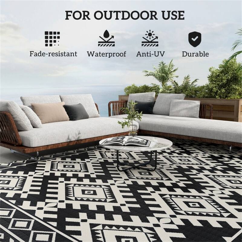 Reversible Outdoor Rug Rhombus Border UV Protected Foldable Camping RV Patio Picnic Mat