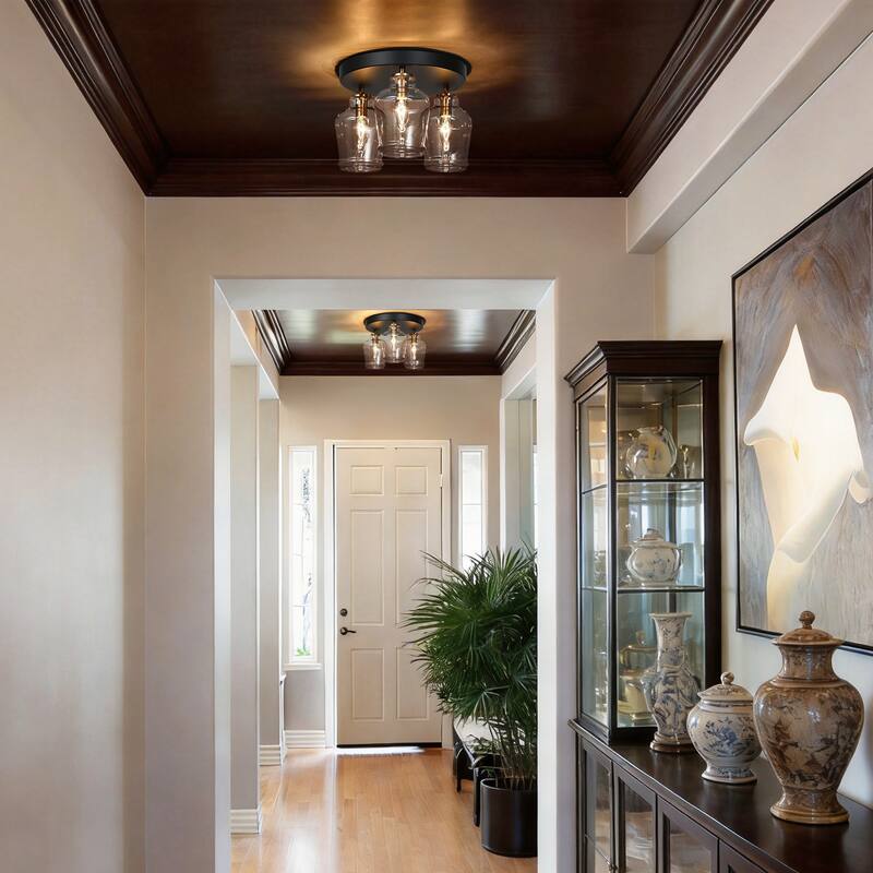 Modern 3-Light Black Gold Glass Flush Mount Ceiling Foyer Light for Kitchen - 11 " D × 8 " H