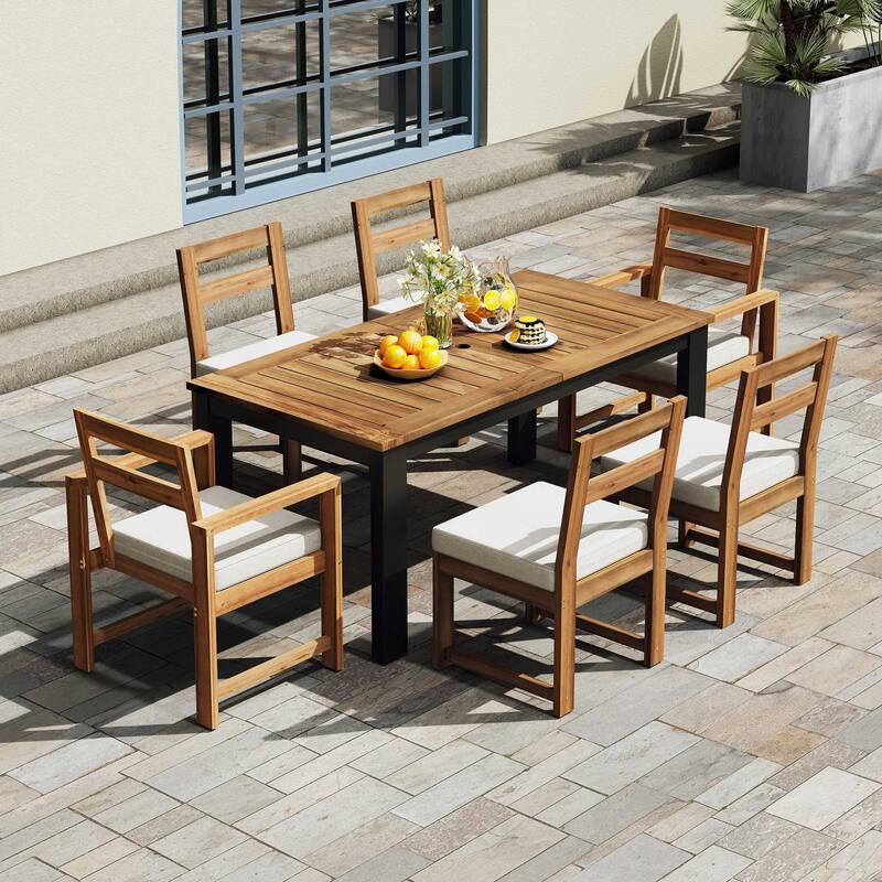7-piece Acacia Patio Extendable Dining Set with Umbrella Hole