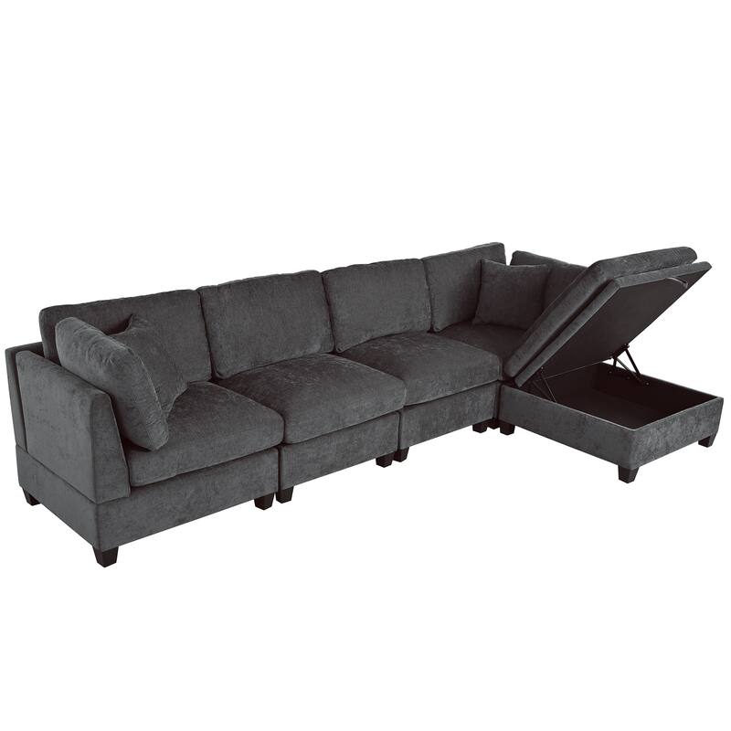 127.6" Polyester Modular Sectional 5-Seat L-Shaped Sofa with Storage Ottoman and Hidden Cup Holders