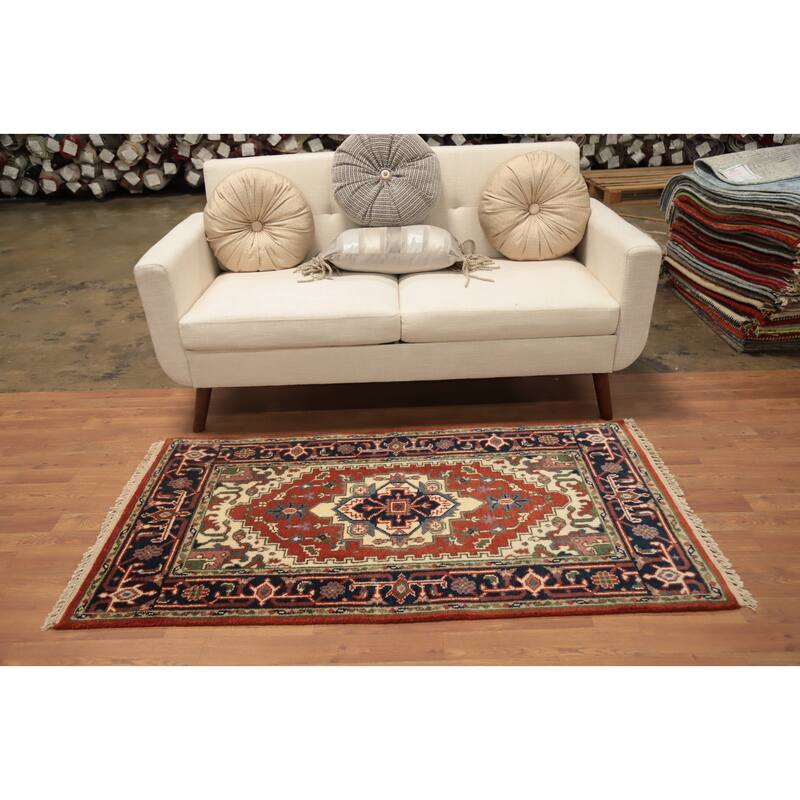 Hand Knotted Oriental 100% Wool Carpet Traditional Medallion Oranges & Rust Heriz (serapi) Area Rug - 5' 3'' X 2' 10''
