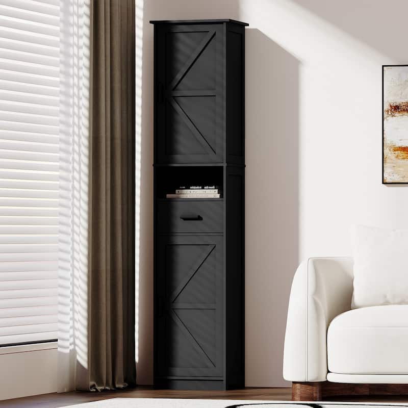 69"H Tall Bathroom Cabinet with Adjustable Shelves, 2 Barn Doors & 1 Drawer