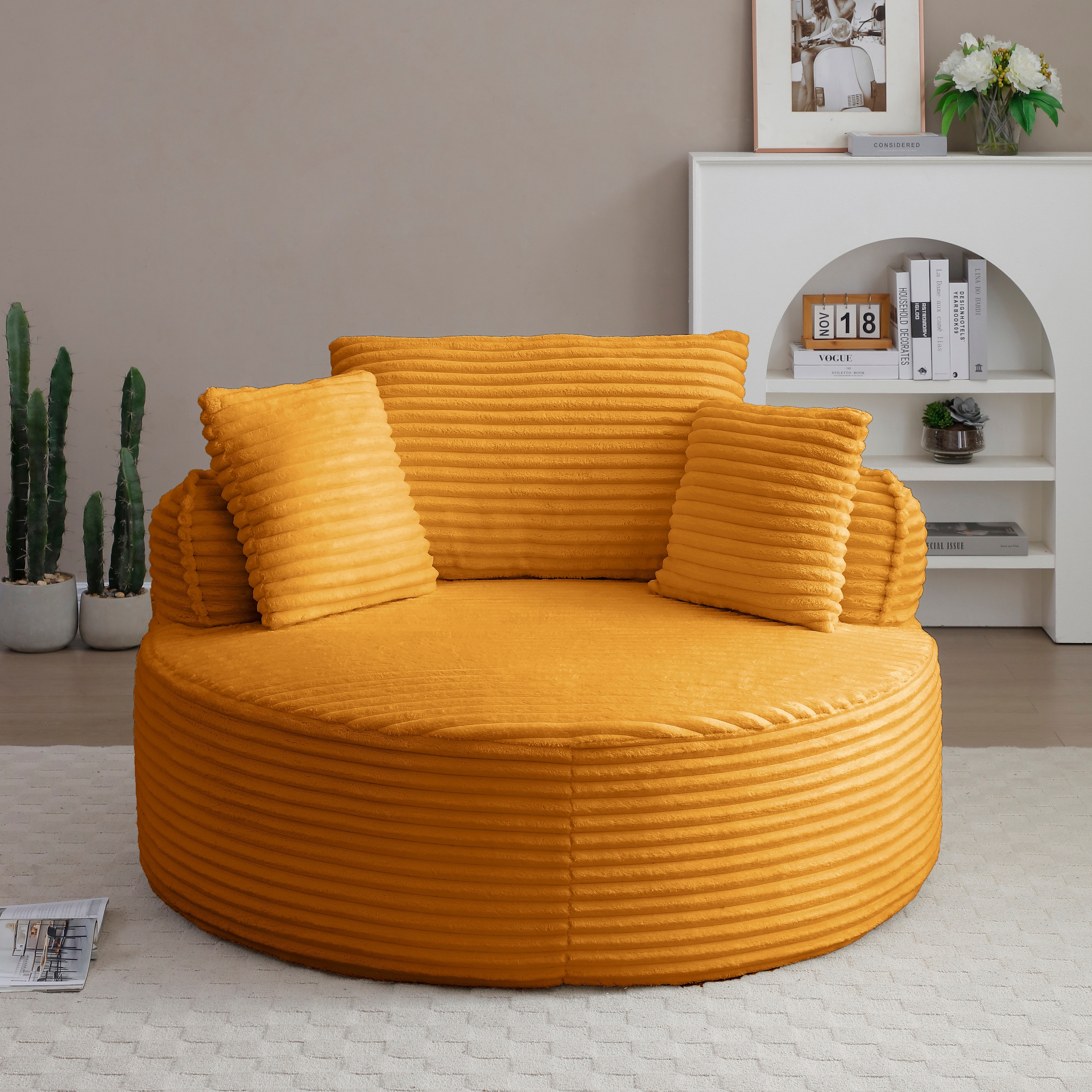 Round Chair, Accent Corduroy Deep Seat Boneless Foam Floor Single Circle Chaise Sofa Chair with 3 Pillows