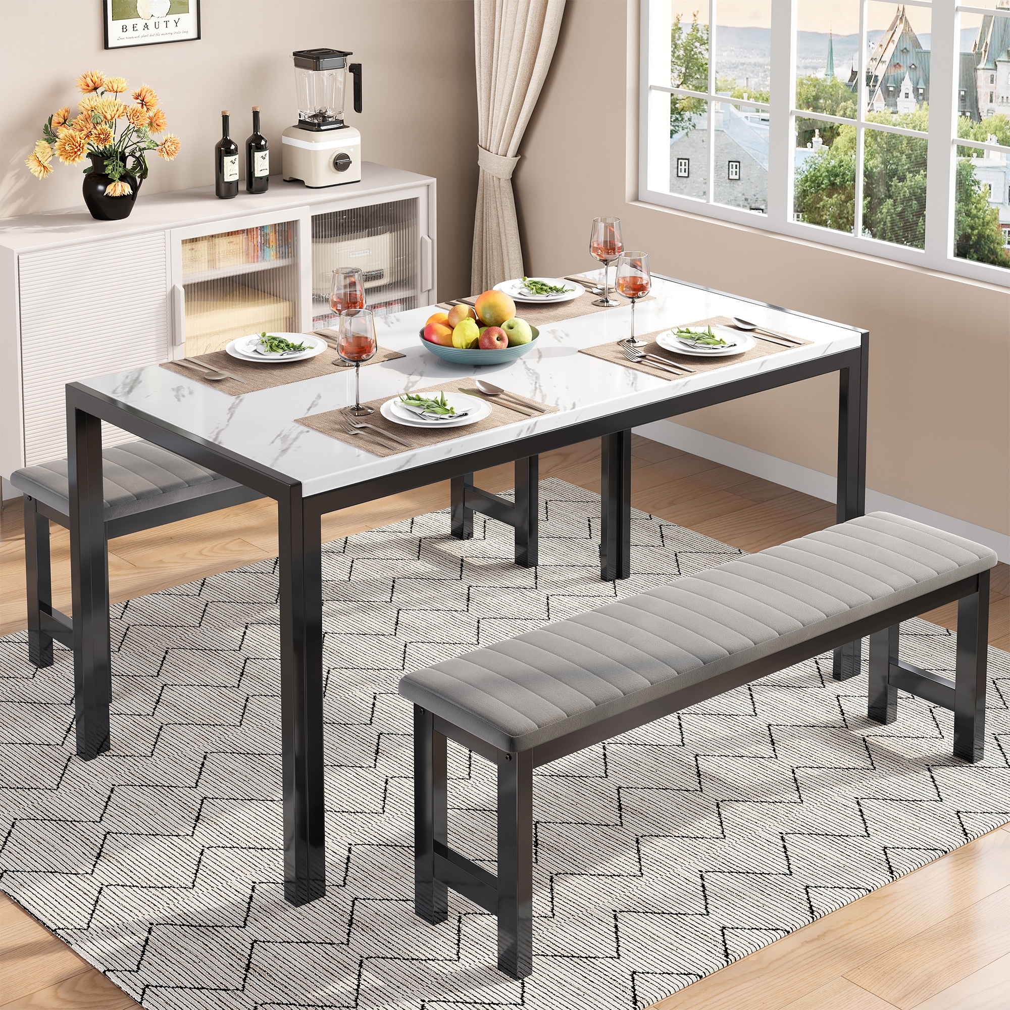 3-Piece Dining Table Set, Velvet Benches,Tabletop Marble Finish