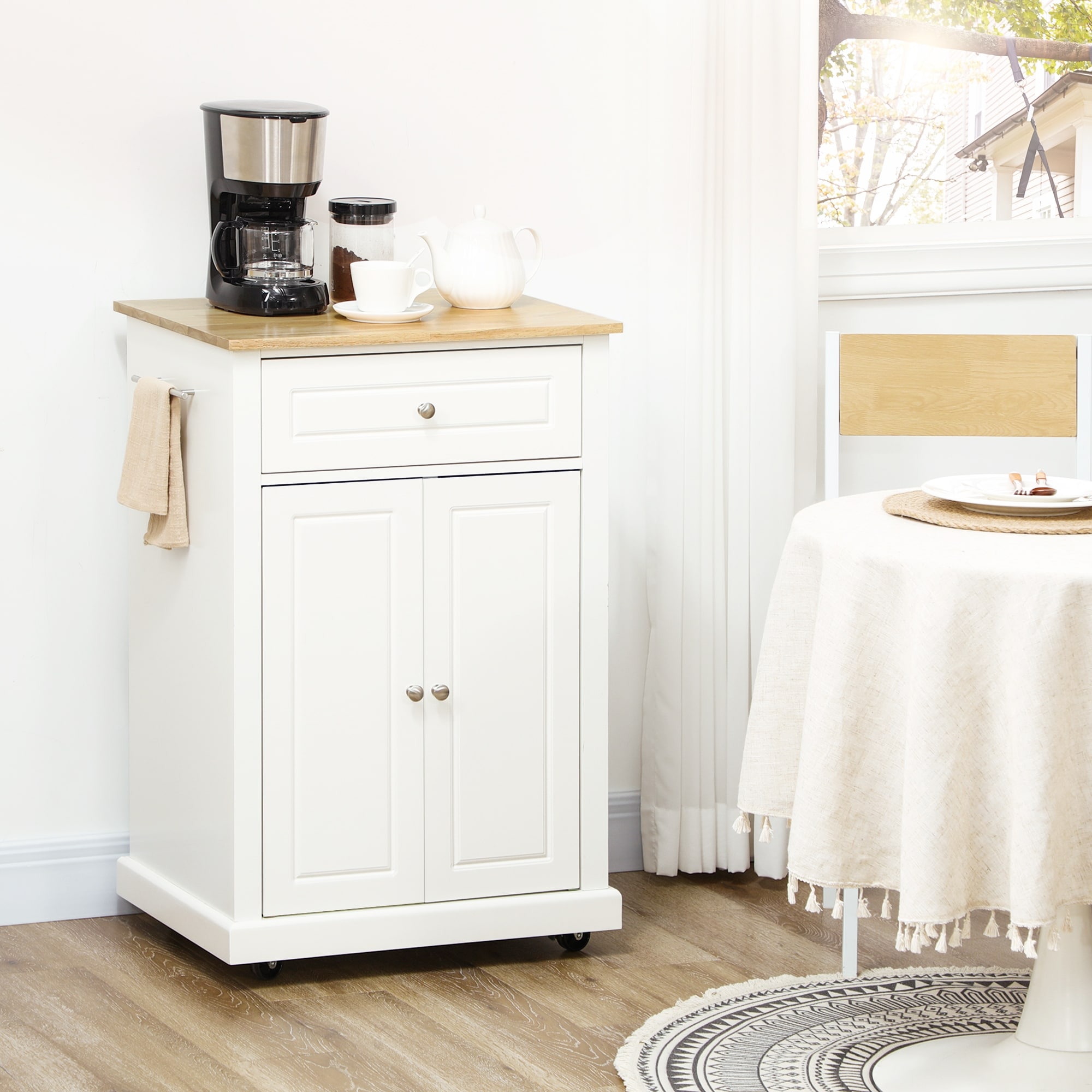 HOMCOM Rolling Kitchen Island Cart, Portable Serving Trolley Table with Drawer, Adjustable Shelf and 2 Towel Racks